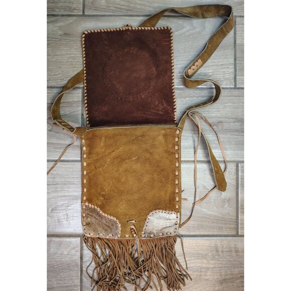 Handmade Leather Cowhide Beaded Crossbody Purse, Rainbow Cat, Pride Fringe Boho - Picture 4 of 7